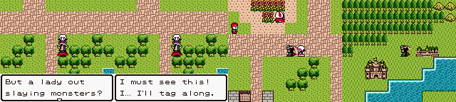 Four screenshots of a hacked version of Dragon Quest I (GBC) generated by AI. A female NPC joins up with the player character, following them around, before disappearing when the player leaves town