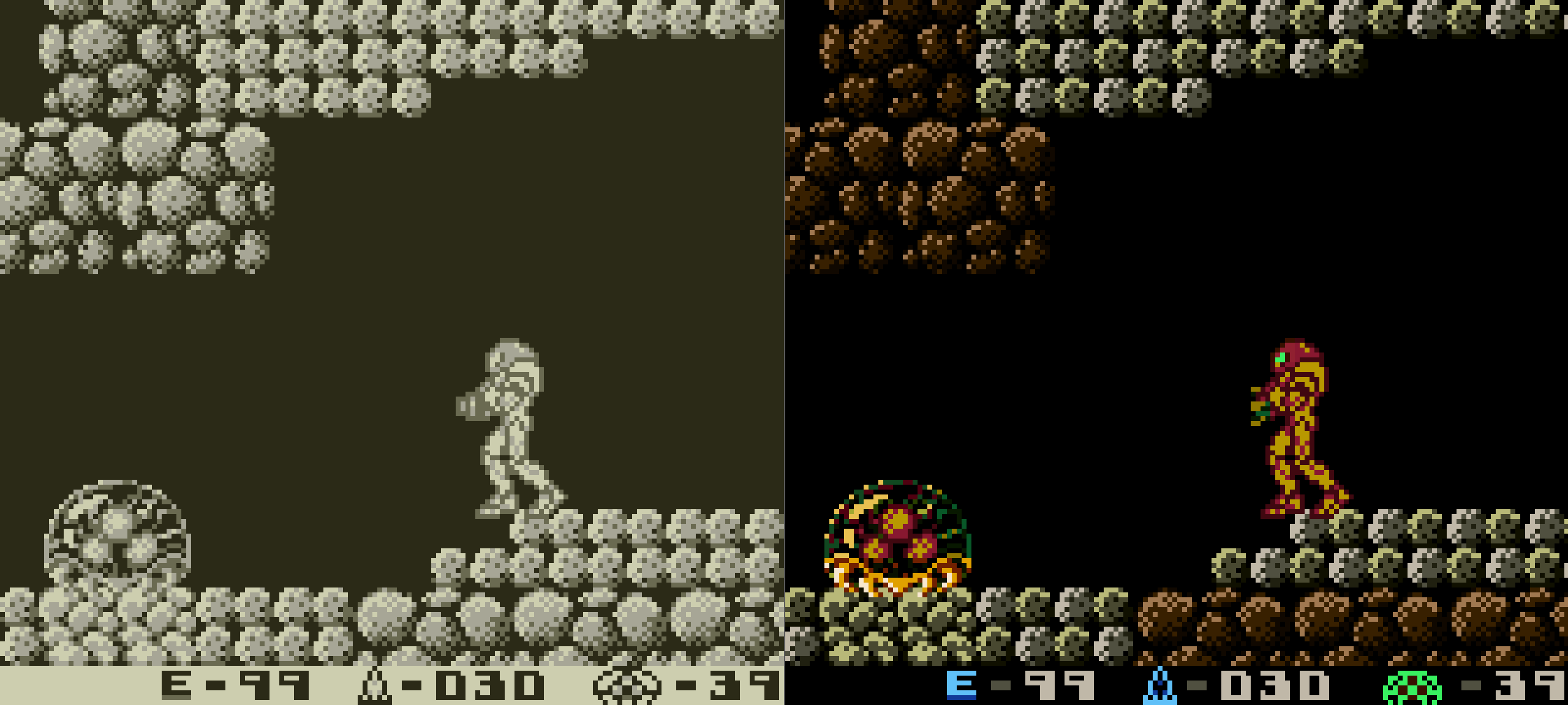 A comparison between Metroid II: ASK 2017 Color Edition (right) and the original game (left)