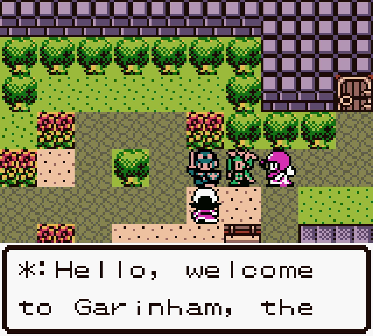 Screenshot of Dragon Quest II (GBC) featuring the party in Garinham, a map from Dragon Quest I